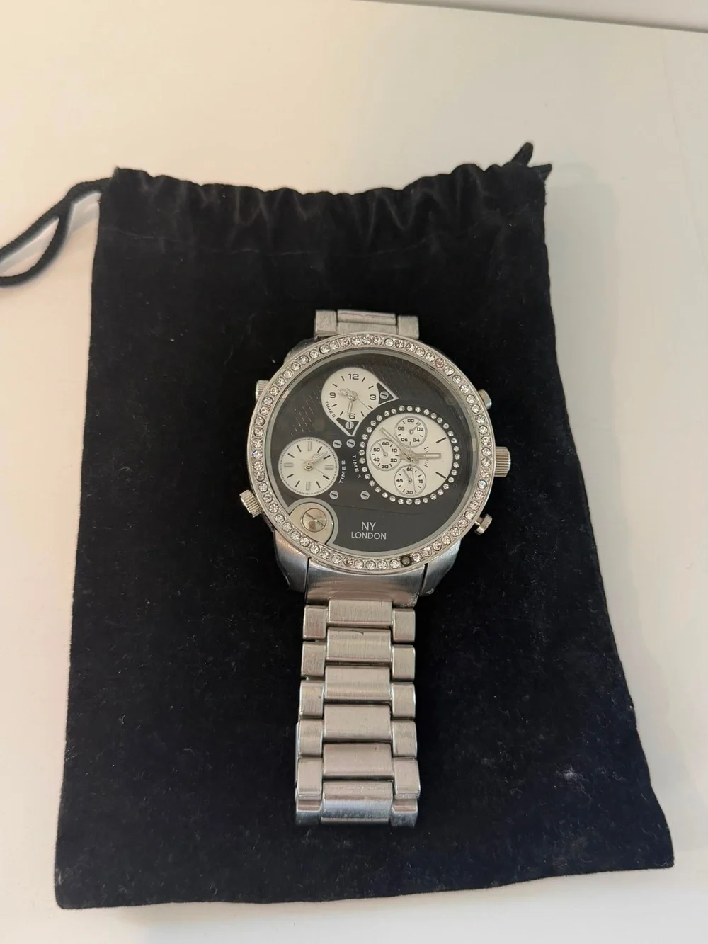 NY London Men's Multi-Dial Watch Silver Tone Rhinestone Bezel Metal Band
